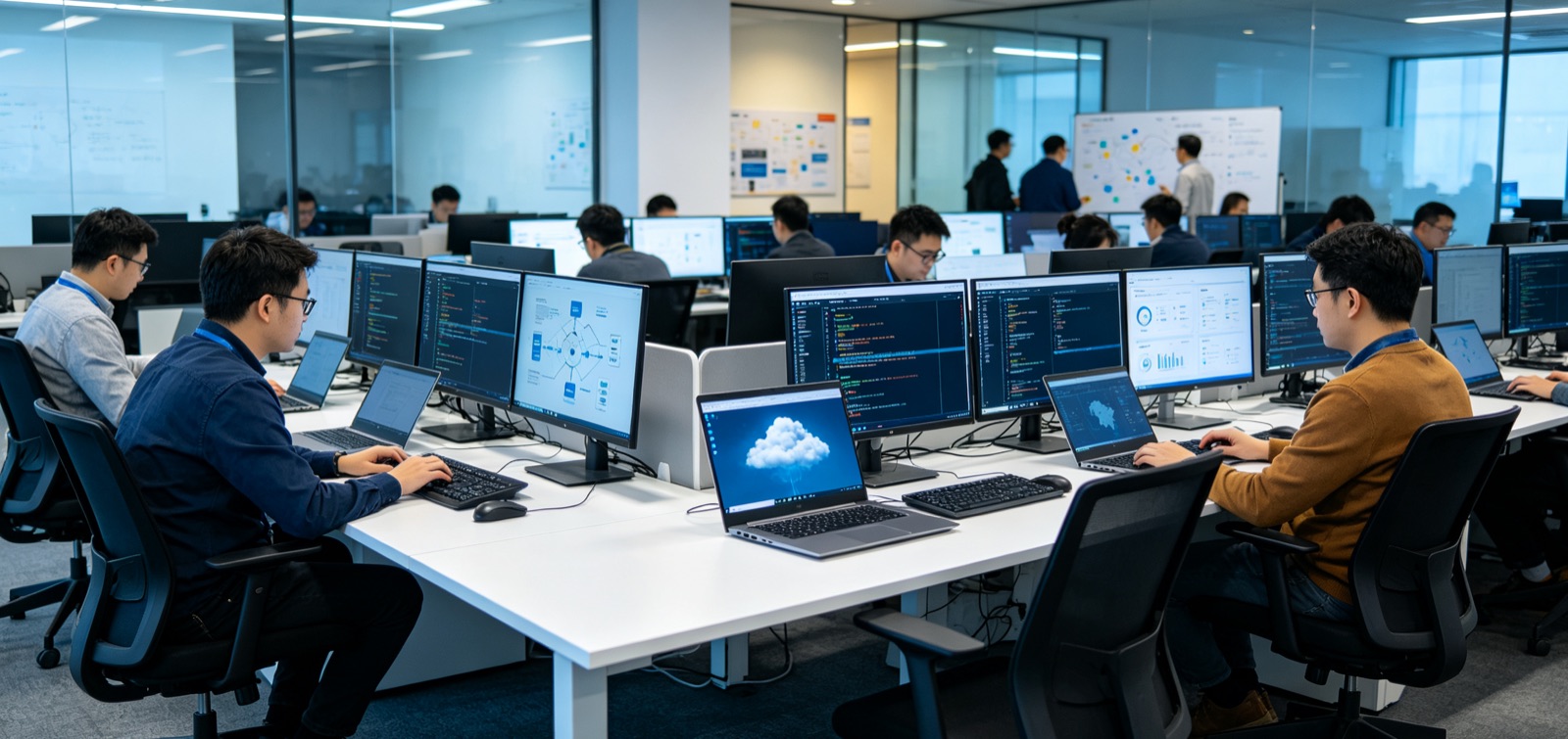 Engineers coding across multi-monitor workstations in an open-plan office
