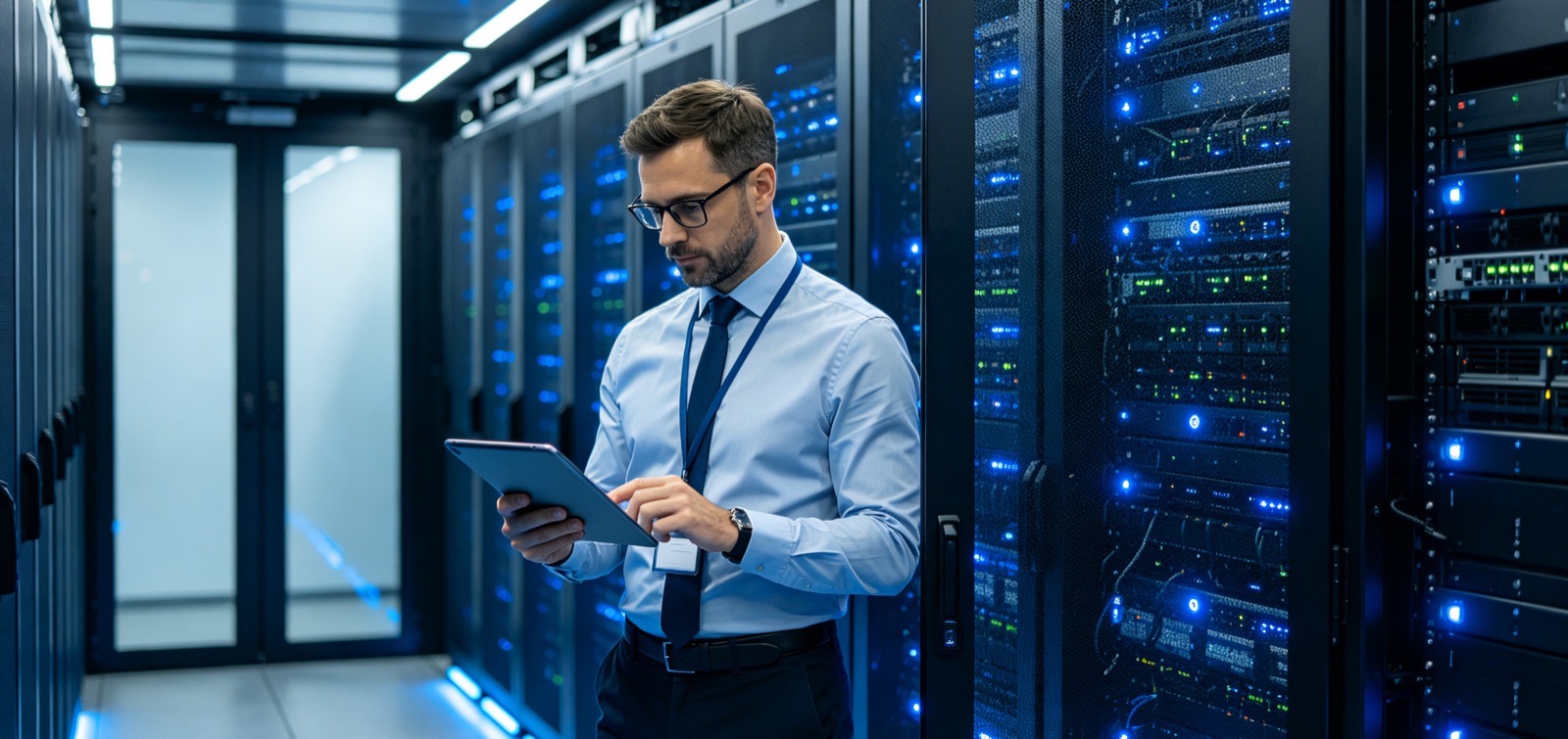Engineer inspecting racks in a modern data center with a tablet