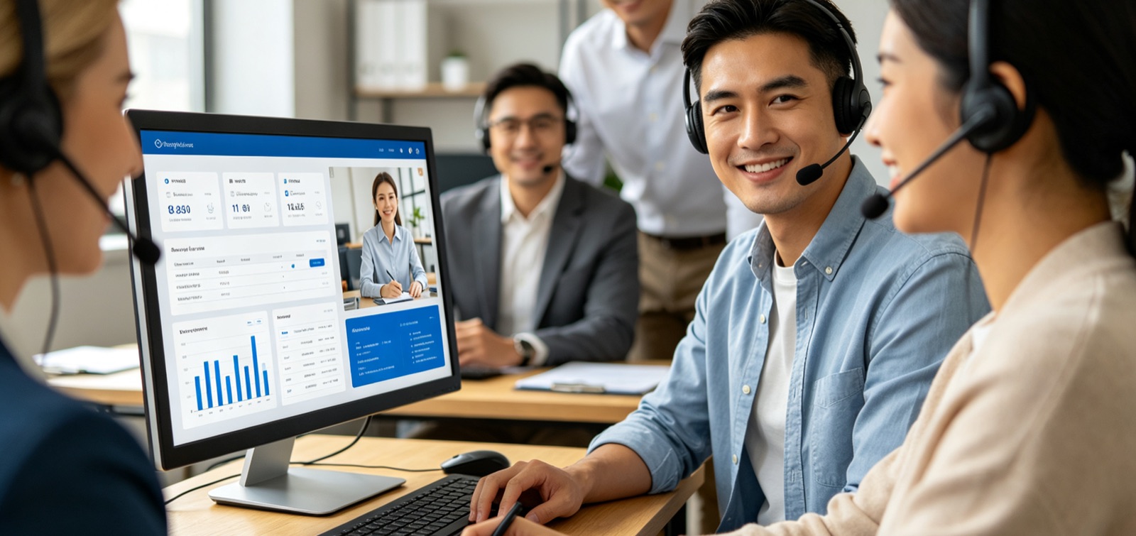 Customer success team with headsets assisting clients in the office